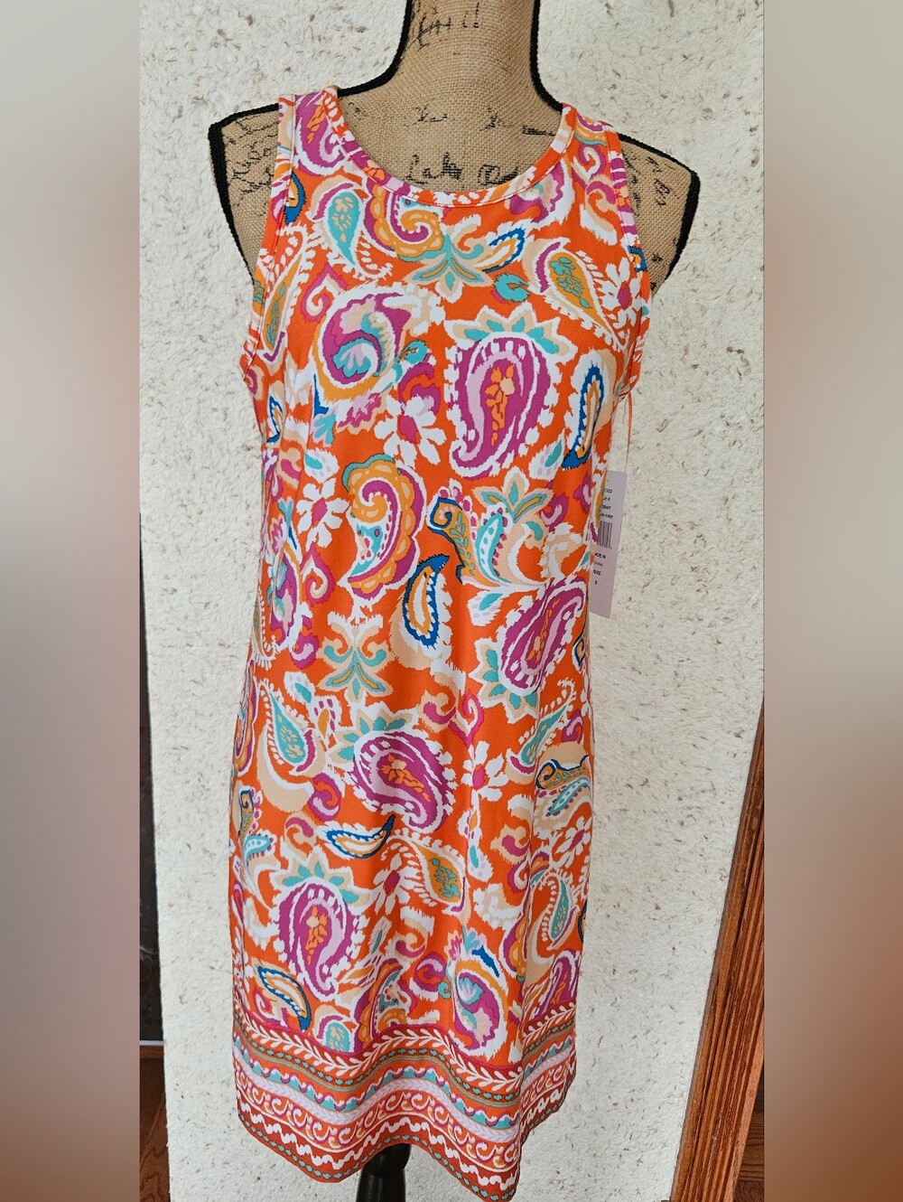 Brand New MSK Orange Paisley Sleeveless Shift Dress with Pink and Teal Accents